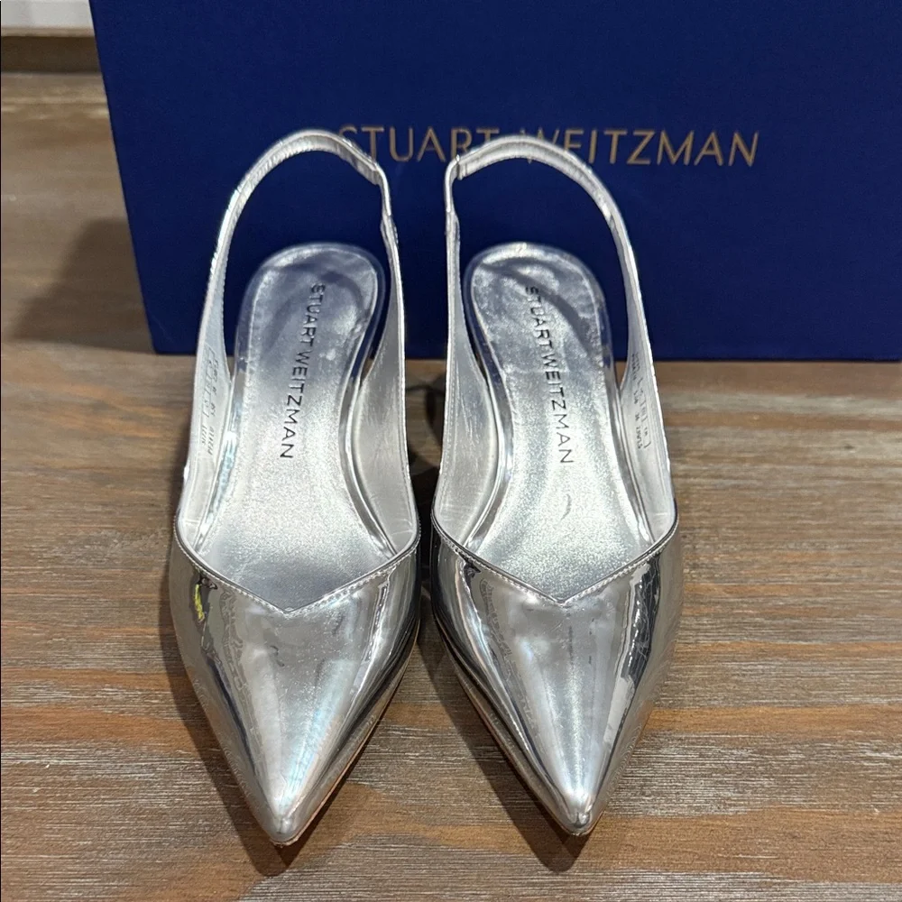 Stuart Weitzman Eva 50 Slingback Pumps 5.5 NIB Silver Metallic Luxury Heels $475